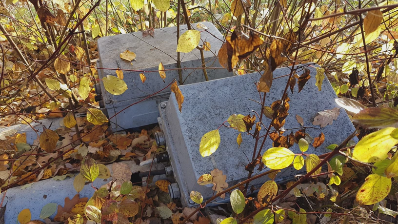 Teile eines Funkmasts mit Elektronikkasten auf dem Boden liegend in einem Busch.