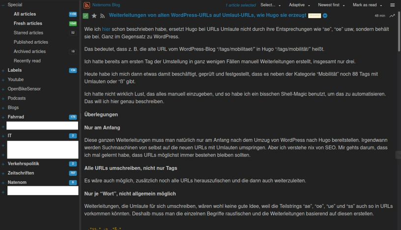 Screenshot von Tiny Tiny RSS im Browser mit einem geöffneten Beitrag in meinem Blog Screenshot von Tiny Tiny RSS im Browser mit einem geöffneten Beitrag in meinem Blog