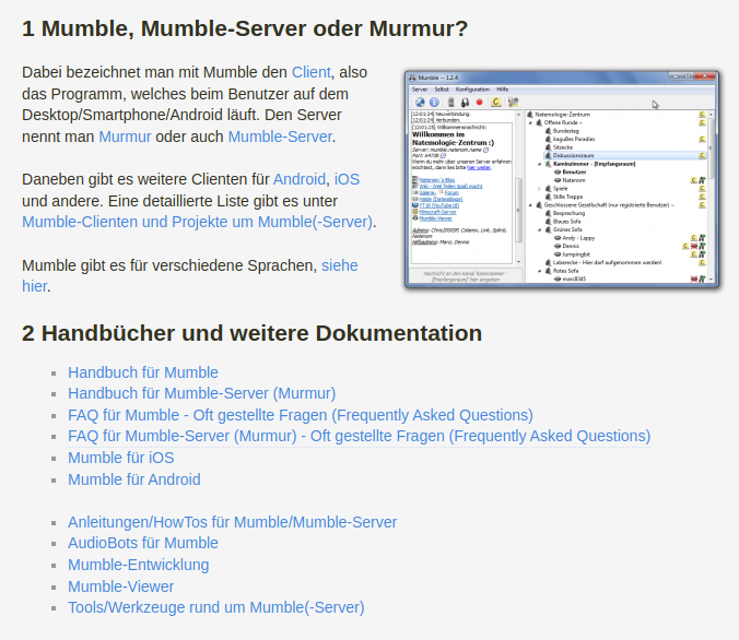 Screenshot der Startseite meiner Mumble-Dokumentation in meinem DokuWiki