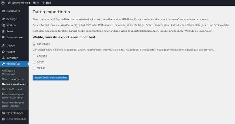 Export Tool von WordPress. Exportiert alles außer der hochgeladenen Dateien.