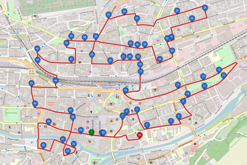 Karte mit der gestrigen Tour durch Pforzheim Karte mit der gestrigen Tour durch Pforzheim