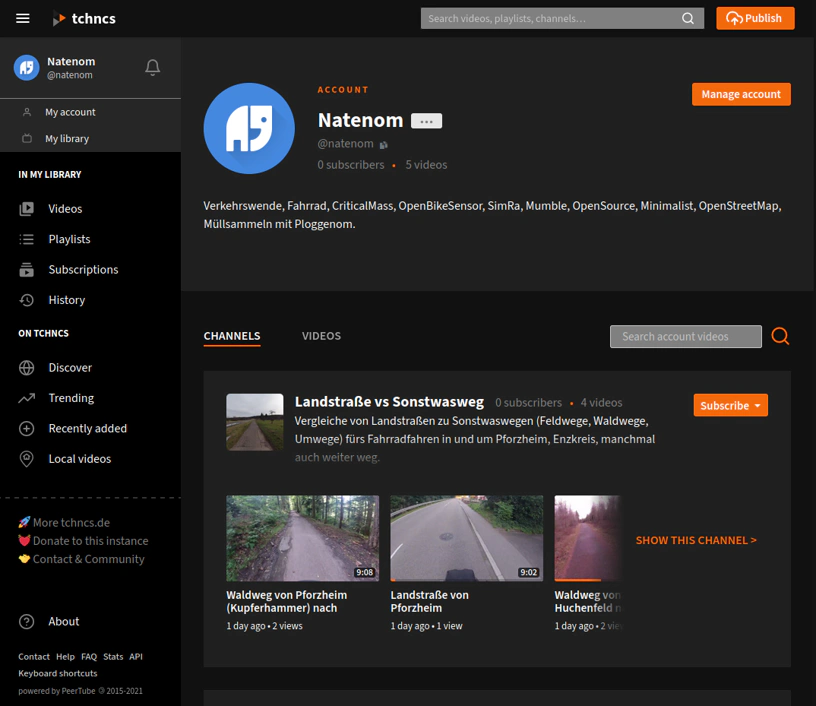 Screenshot eines Browsers, in dessen Fenster mein PeerTube-Profil zu sehen ist.