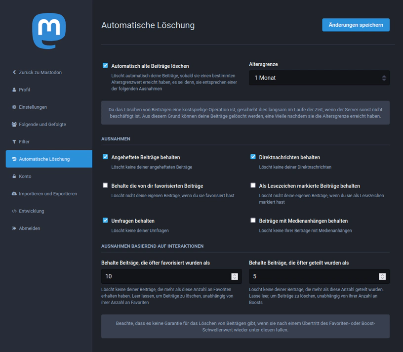 Screenshot der Einstellungsmöglichkeiten für das automatische Löschen von Toots/Boosts/Likes im Mastodon Konto