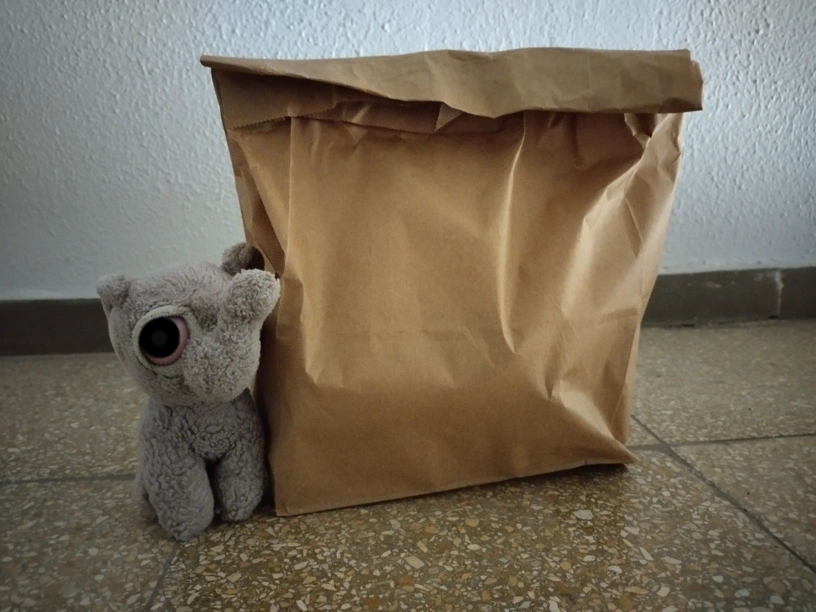 Der kleine Elefant (Kagube) steht neben dem Paket auf dem Boden und das Paket ist etwa doppelt so hoch wie der Elefant, der ca. 14 cm hoch ist.