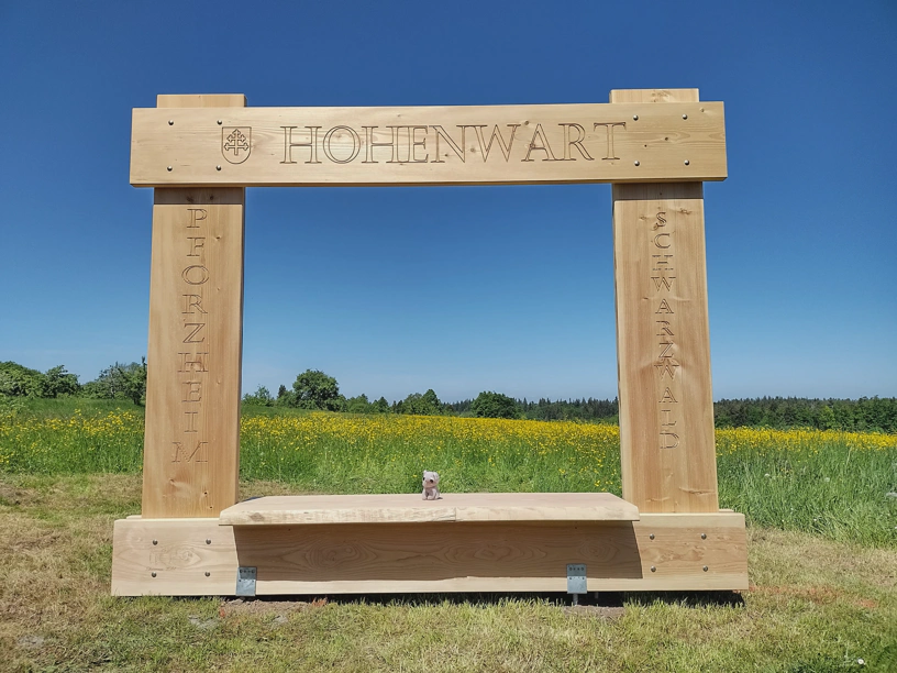 Der kleine Elefant sitzt im Fotorahmen aus Holz. Drum herum eine blühende Wiese und blauer Himmel.