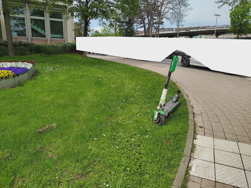 E-Roller steht jetzt auf der Wiese neben dem Gehweg.