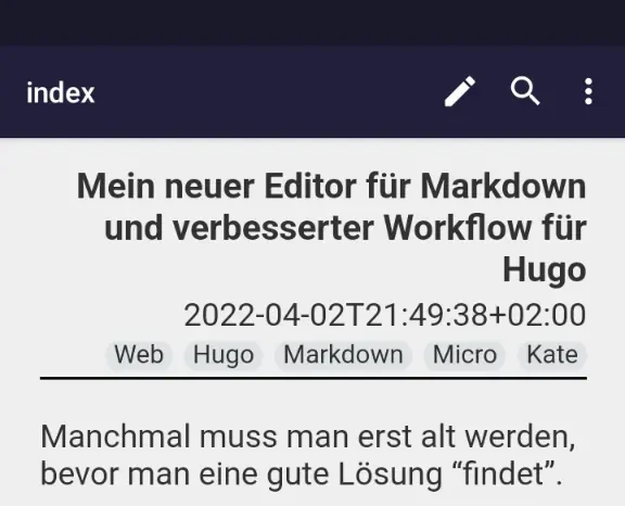 Der gerenderte Front Matter Bereich in der App.