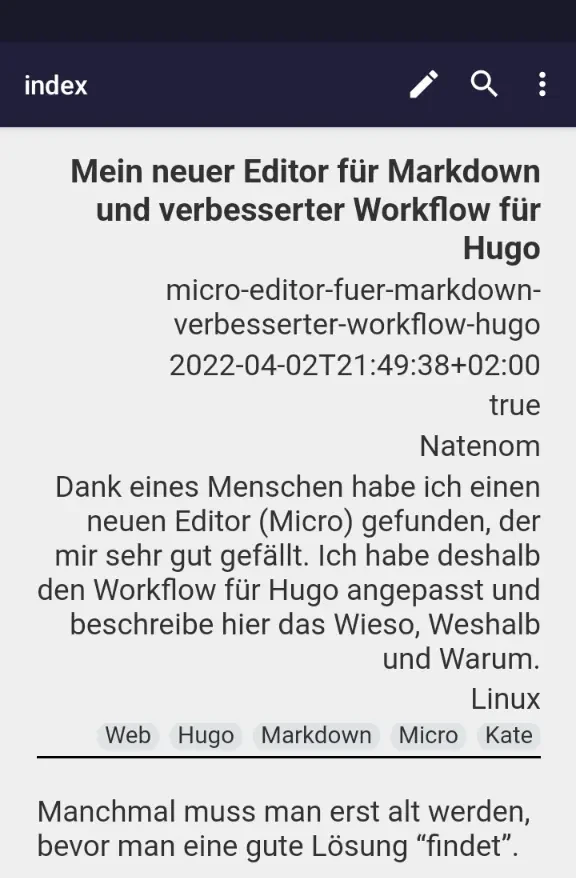 Der gerenderte Front Matter Bereich in der App. Jetzt mit mehr Attributen als in der Voreinstellung.