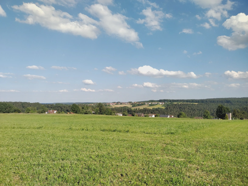 Sicht auf Kapfenhard und weiter hinten vermutlich Bieselsberg. Landschaft mit grüner Wiese, Wald und Dorf in der Mitte und blauem Himmel mit weißen Wolken.