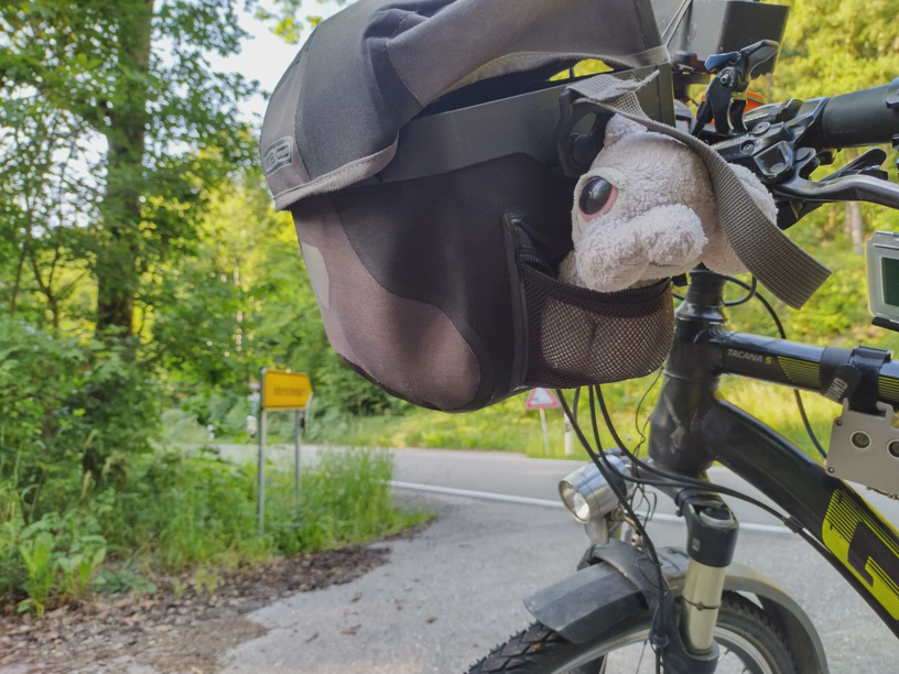 Der kleine Elefant sitzt in der Lenkertasche.