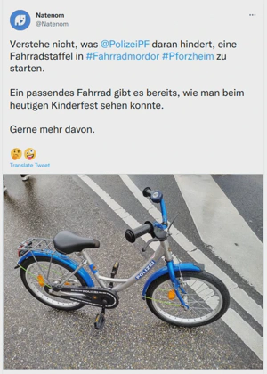 Screenshot des Tweets Oben genannter Tweet als Screenshot. Dazu das oben genannte Foto des Polizeifahrrads.