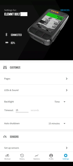 Screenshot der Elmnt App auf Android. Zu sehen sind oben eine Abbildung des Fahrradcomputers und darunter die verschiedenen Bereiche der Einstellungen: 'Pages', 'LEDs & Sound', 'Backlight', 'Auto shutdown', 'Sensors', 'Setup sensors'. Darunter die Reiter für 'Workout', 'History', 'Statistics', 'Profile' und 'Settings'.