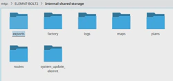 Screenshot von Dolphin, das den Inhalt des per USB angeschlossenen Bolt Elemnt zeigt. Zu sehen sind die Verzeichnisse 'exports', 'factory', 'logs', 'maps', 'plans', 'routes' und 'system_update_elemnt'.