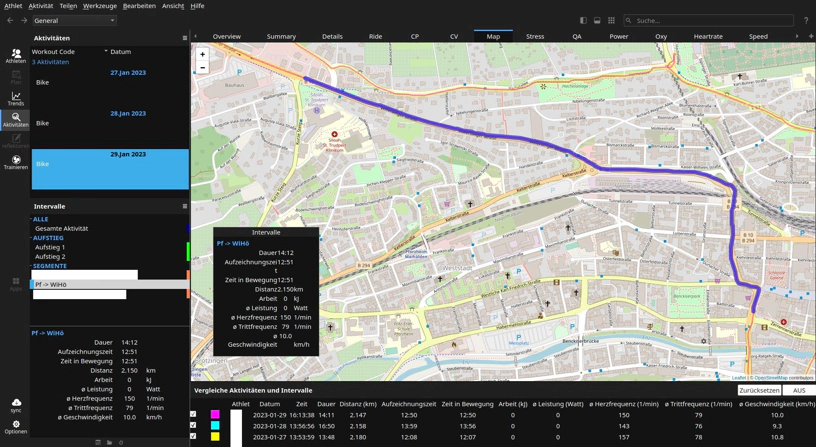 Screenshot der GoldenCheetah Anwendung. Zu sehen sind die Karte von der Innenstadt Pforzheims mit einem gewählten Segment. Darunter die Daten wie Herzfrequenz und Fahrzeit zu diesen Segment für bisher drei gefahrene Touren. Dazu noch weitere Informationen zum Segment.