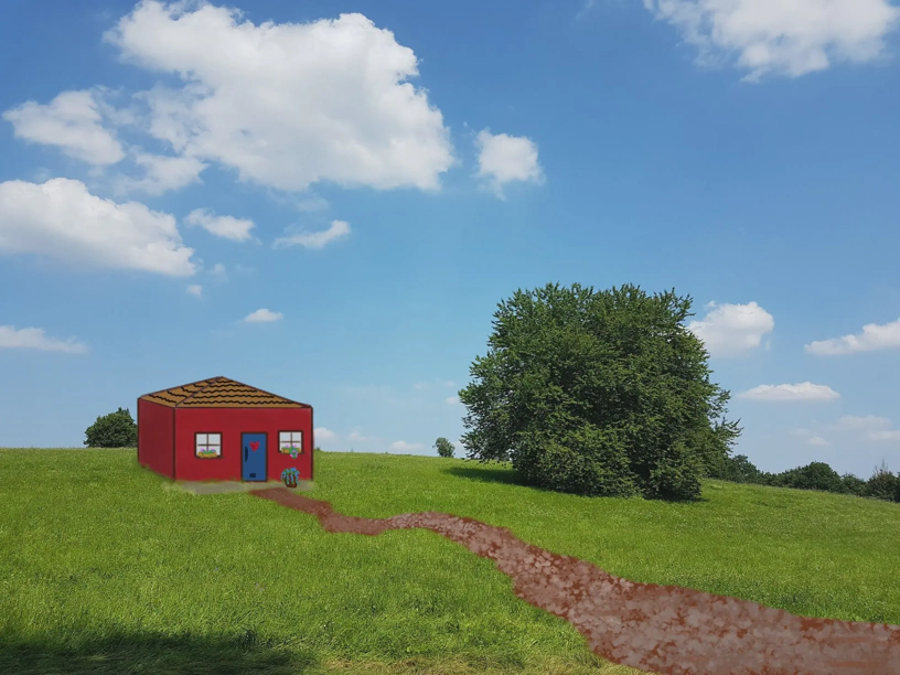 Foto einer schönen grünen Wiese, mit einem großen Baum und blauem Himmel. Darin eingemalt ein Haus mit Blumen und einem Weg dorthin.