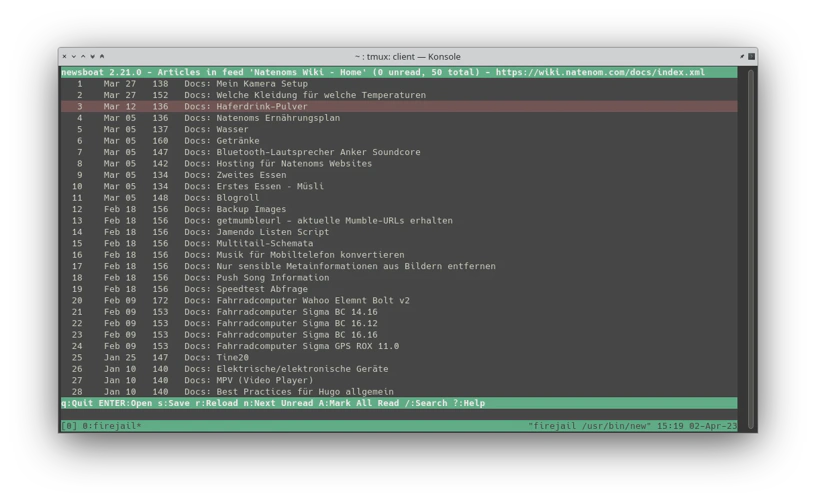 Screenshot eines Konsole, in der Newsboat läuft und die Beiträge des Feeds meines Wikis anzeigt.