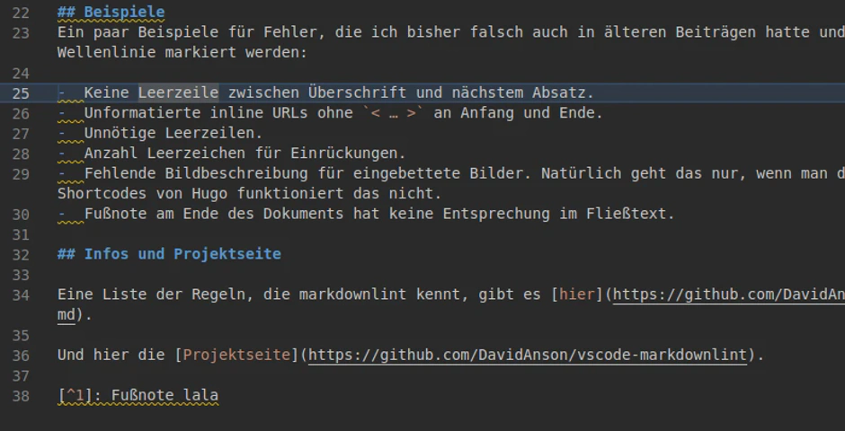 markdownlint für VSCode zeigt Fehler in der Formatierung von Markdown an