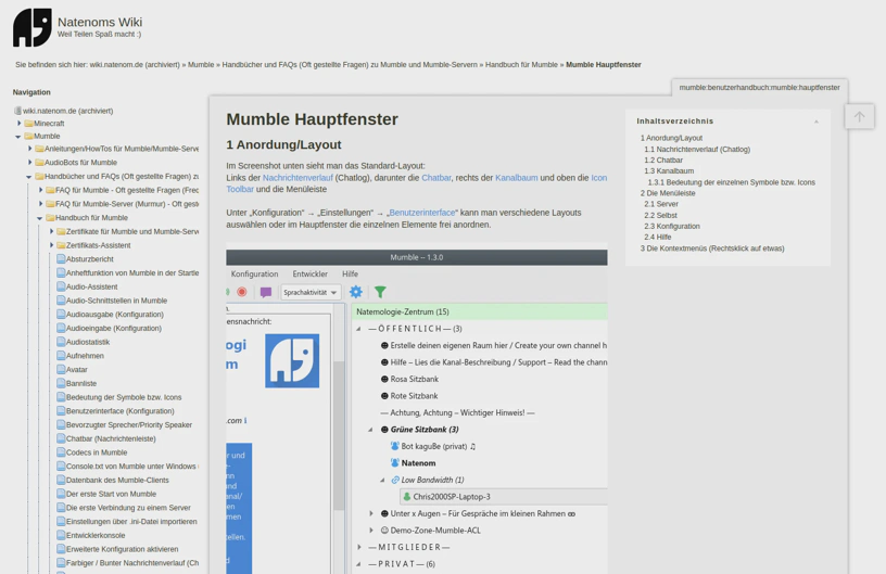 Screenshot vom alten Wiki mit der Unterseite zum Mumble-Hauptfenster.