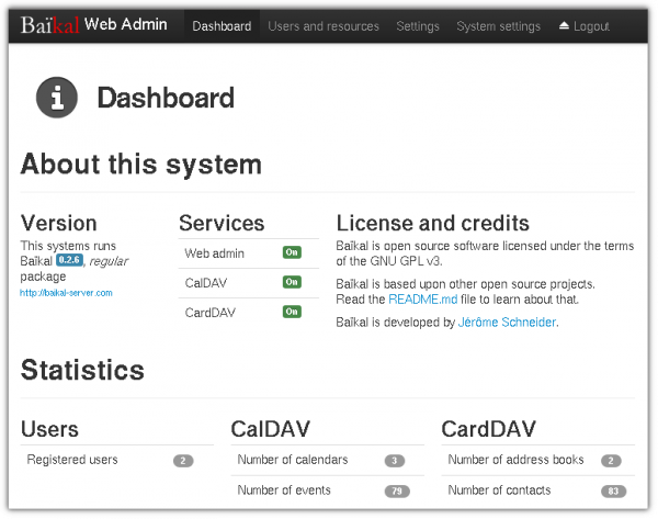 Admin Interface von Baikal