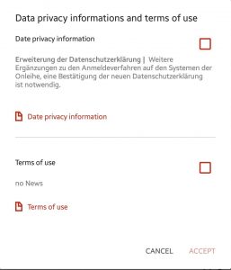 Screenshot der App beim ersten Start. Es müssen die Datenschutzerklärung und die Nutzungsbedingungen akzeptiert werden.