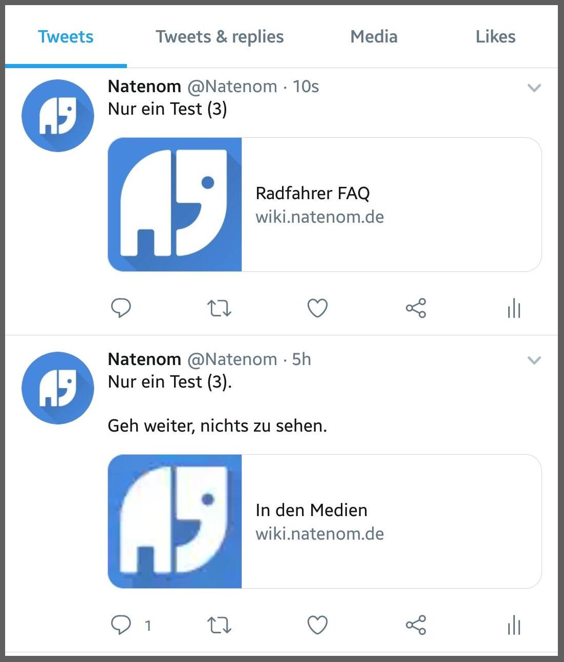 Screenshot des Twitter-Clients auf Android, in dem zwei Tweets zu sehen sind. Im neueren ist mein Logo qualitativ hoch aufgelöst dank der Änderungen im unteren qualitativ schlecht und verwaschen, da die Auflösung zu gering ist.